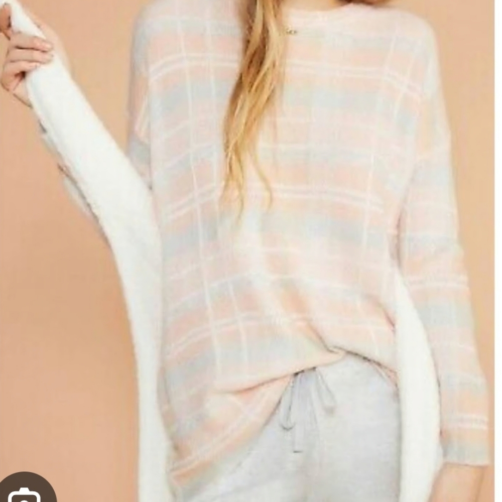 Lou & Grey Oversized Sweater Pastel Plaid Crew Neck Long Sleeve Size Small